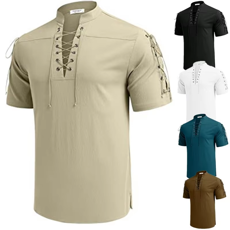 Summer New Men's V-neck shirt Men's Short-Sleeved T-shirt Cotton and Linen Led Casual Men's T-shirt Shirt Male Breathable tops